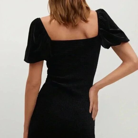 MNG Black Velvet dress S with puffy sleeves Vamp whimsygoth Y2K square neck sexy - Picture 5 of 7